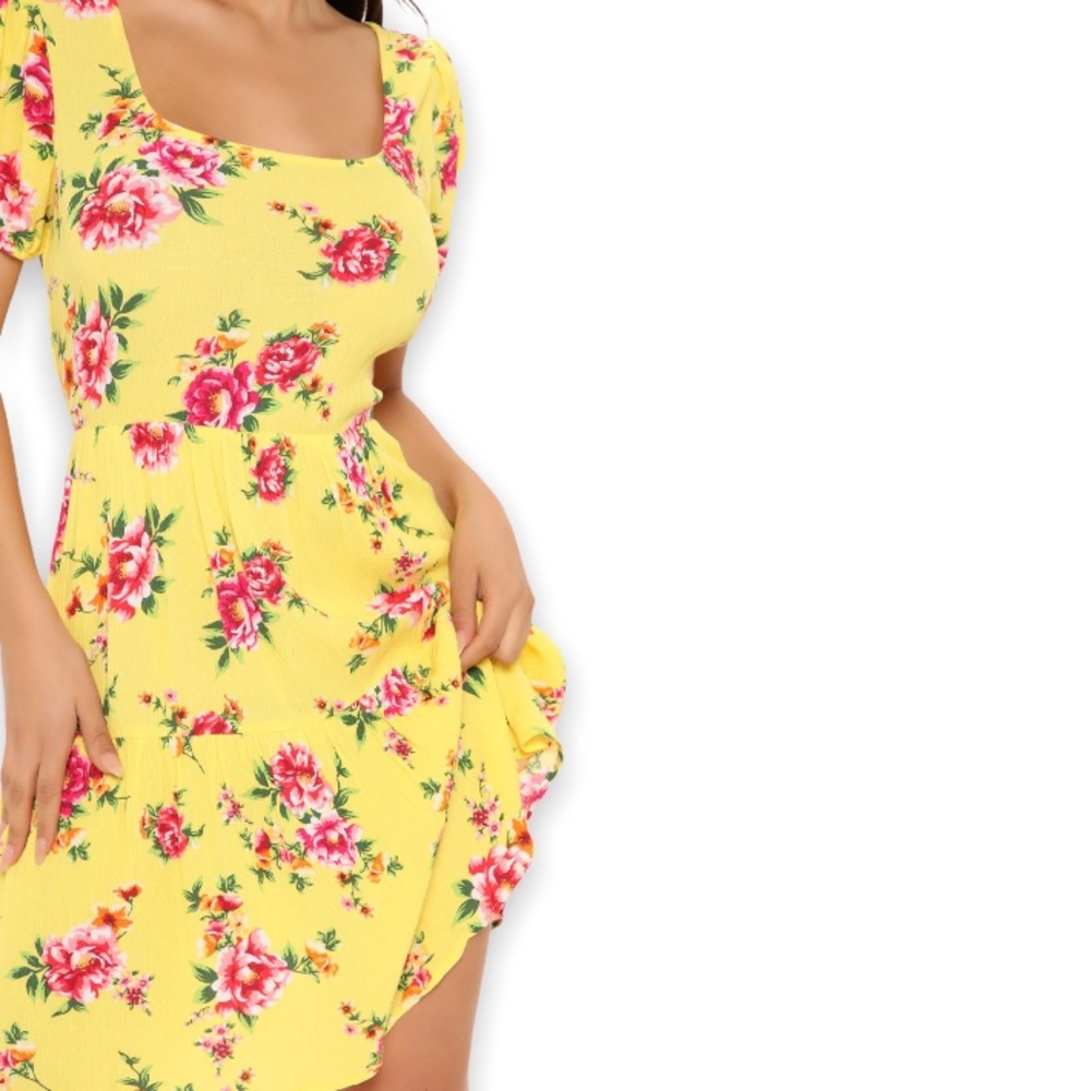 Beautiful Lightweight Breanna Puff Sleeve Yellow Bohemian Floral Mini Dress - Picture 6 of 13